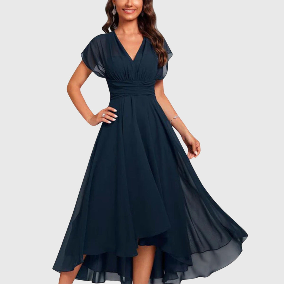 Women's elegant blue V-neck wrap midi dress with short sleeves, perfect for versatile casual or formal wear.