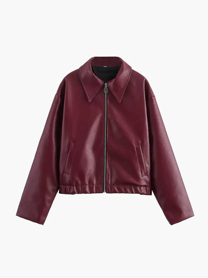 Stylish women's burgundy zipper jacket, Alessia design. Chic outerwear for elegant autumn & spring fashion trends.