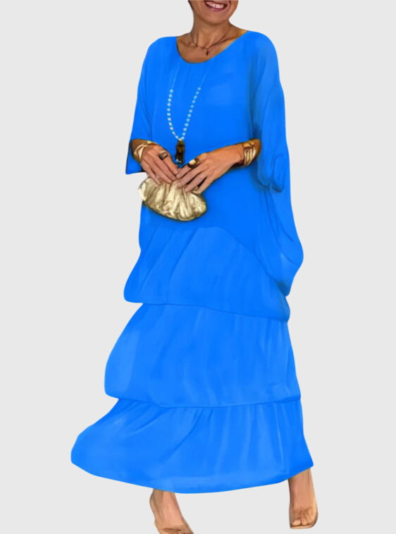 Half-sleeve button-up formal dress for women, ideal for special occasions.