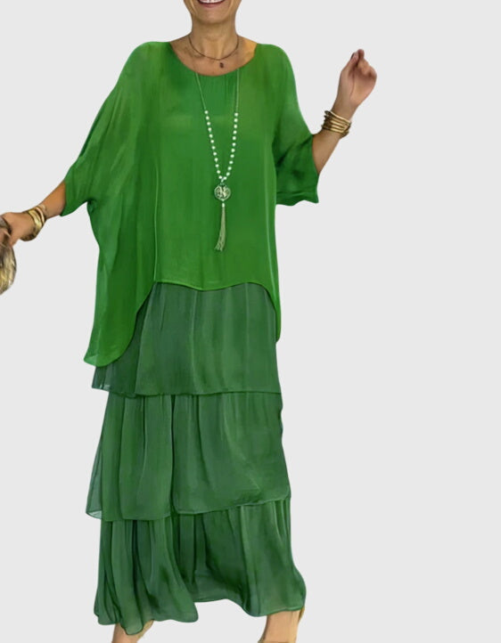 Sophisticated women's long button-up dress for formal or party wear.