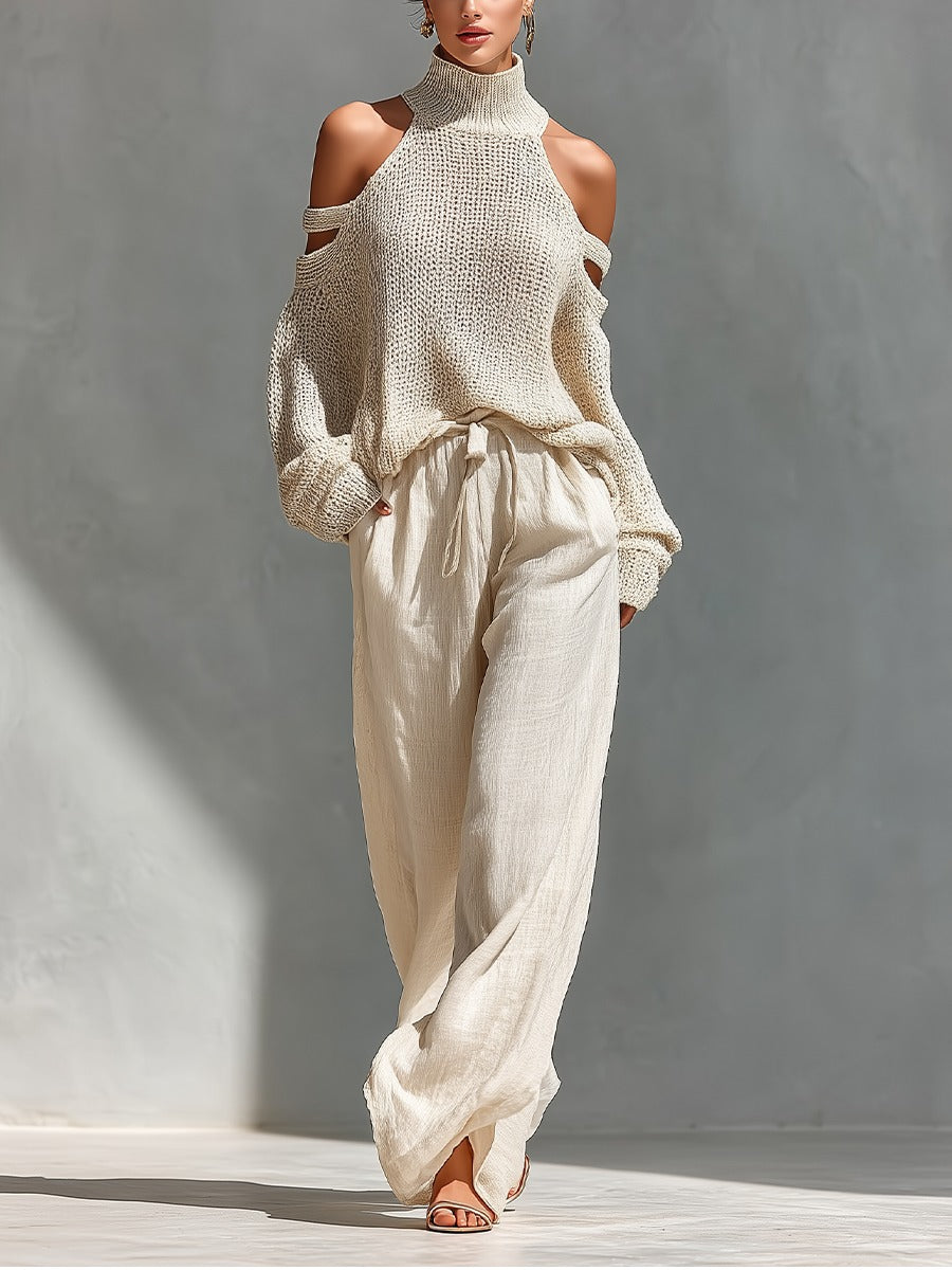 Women's elegant cold shoulder top & wide leg pant 2-piece set. Perfect casual chic resort wear outfit for summer.
