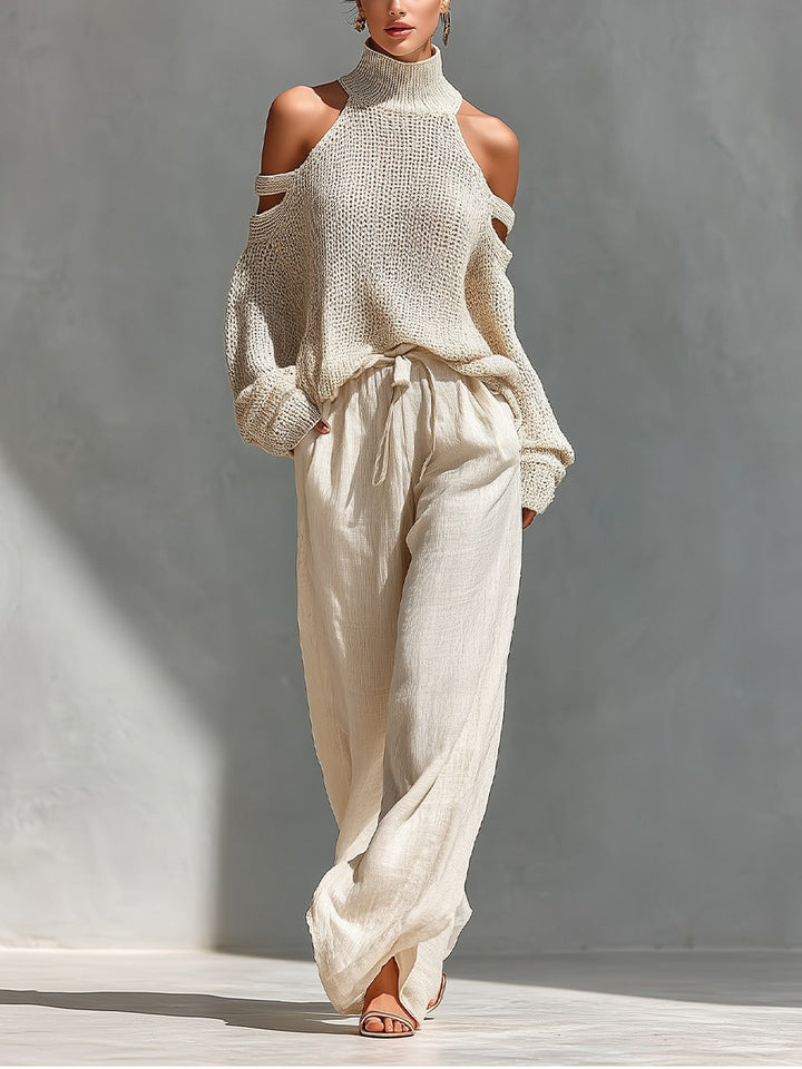 Women's elegant cold shoulder top & wide leg pant 2-piece set. Perfect casual chic resort wear outfit for summer.