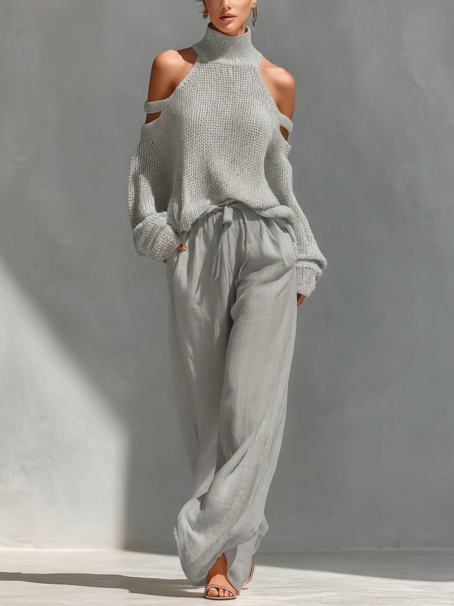 Women's matching two-piece set featuring a stylish cold shoulder top & comfortable wide leg drawstring pants.