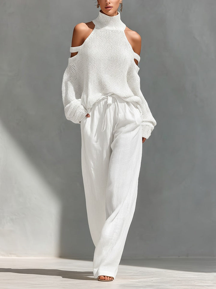 Stylish women's cold shoulder top and wide leg pant set, a chic and elegant ensemble for summer fashion.