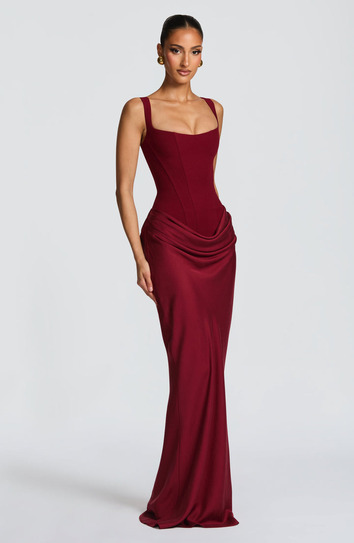 Stylish women's party maxi dress, sophisticated corset bodice & wide straps. Elegant long draped skirt design.