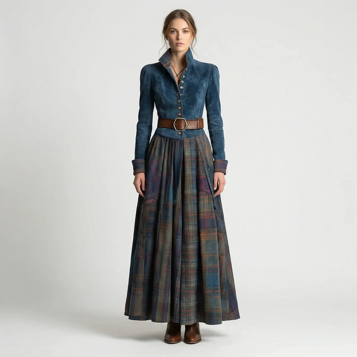 Effortless style: Women's elegant dark blue fitted maxi dress, long sleeves & plaid skirt, a perfect statement piece.