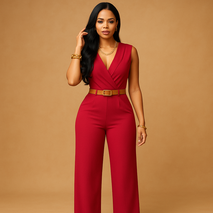 Sophisticated women's evening jumpsuit featuring a flattering deep V-neck. Perfect party outfit.