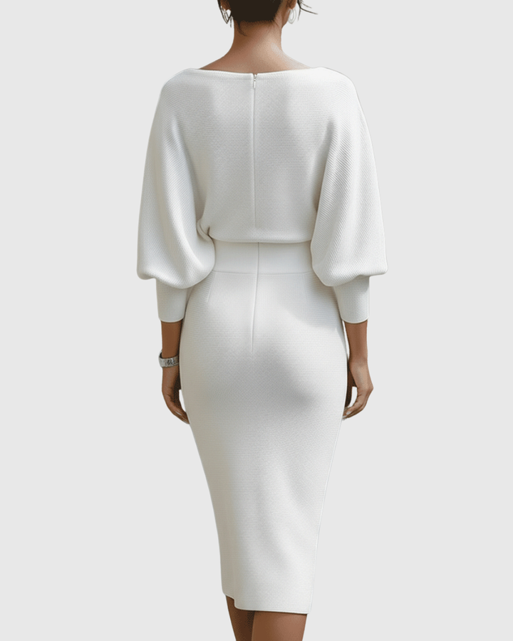 Women's elegant draped batwing midi dress, a flattering long sleeve design for sophisticated occasion wear.