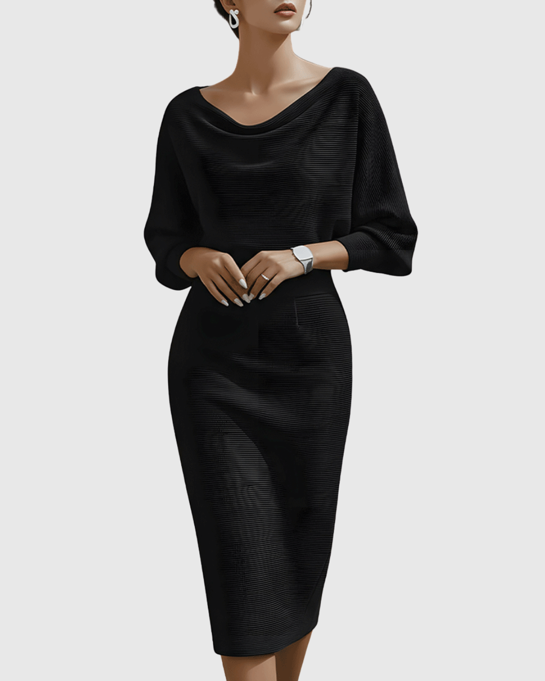White flattering batwing long sleeve midi dress for women, ideal as an elegant cocktail or occasion wear.