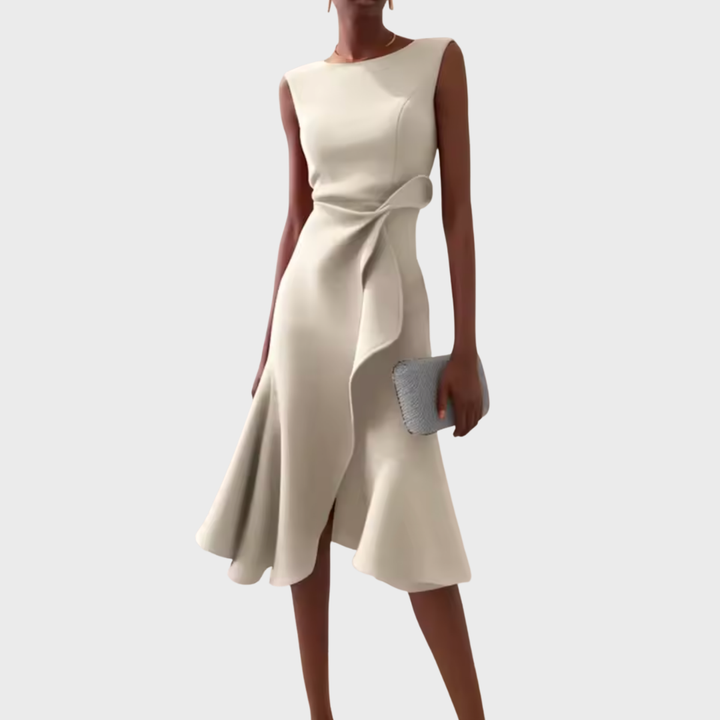 Sophisticated women's midi dress with an elegant draped front, asymmetric ruffles, and a flattering tailored fit.
