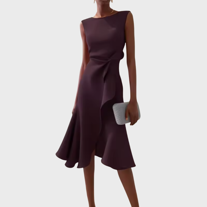 Women's occasion wear midi dress. Draped asymmetric ruffles, tailored fit, perfect for an elegant, chic style.
