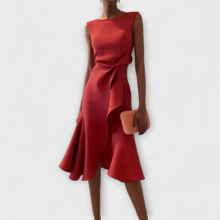 Sophisticated women's tailored midi dress, featuring a draped design and asymmetric ruffles. Perfect for formal events.
