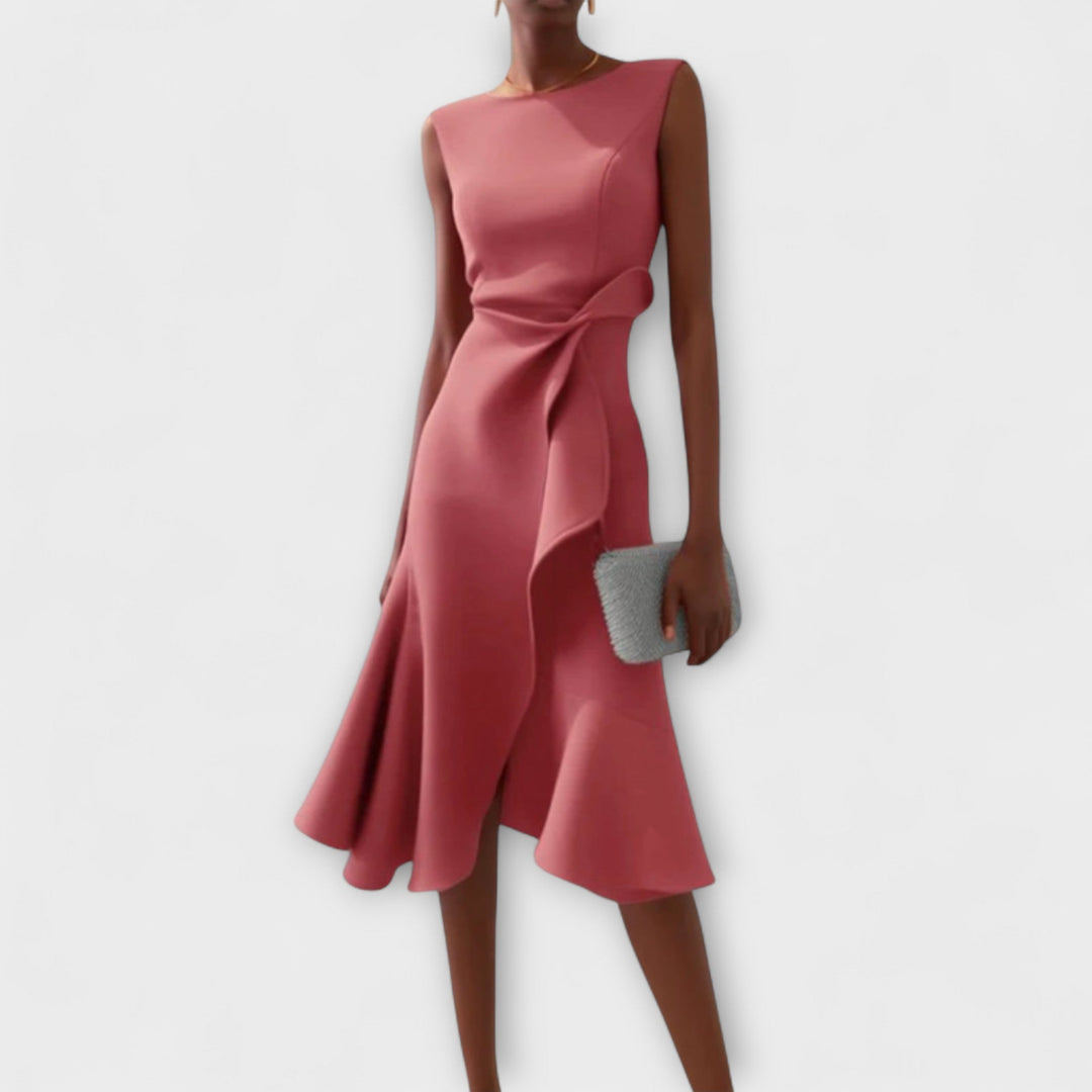 Elegant women's wedding guest dress. Draped asymmetric ruffle midi with a flattering tailored fit.