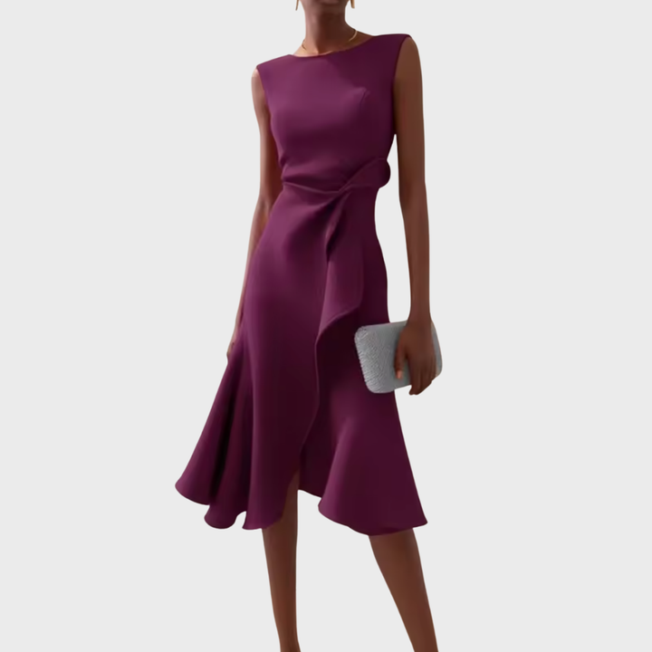 Women's elegant midi dress, draped with an asymmetric ruffle. Tailored fit for a chic and sophisticated style.