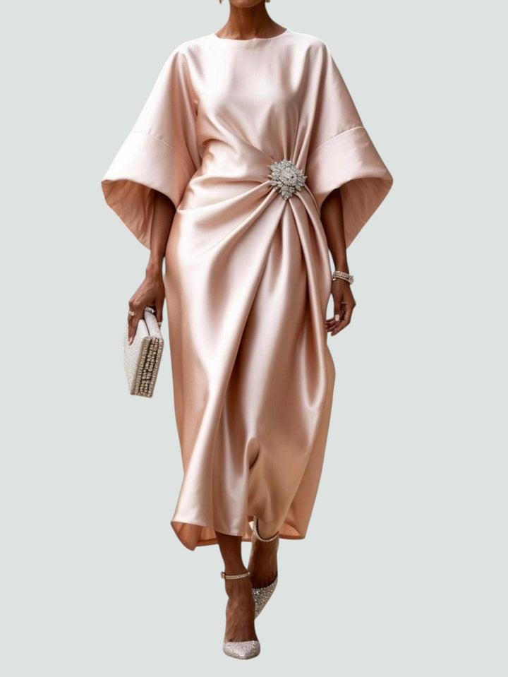 Party-ready women's midi dress, elegant drape, comfortable batwing sleeves, and chic design.