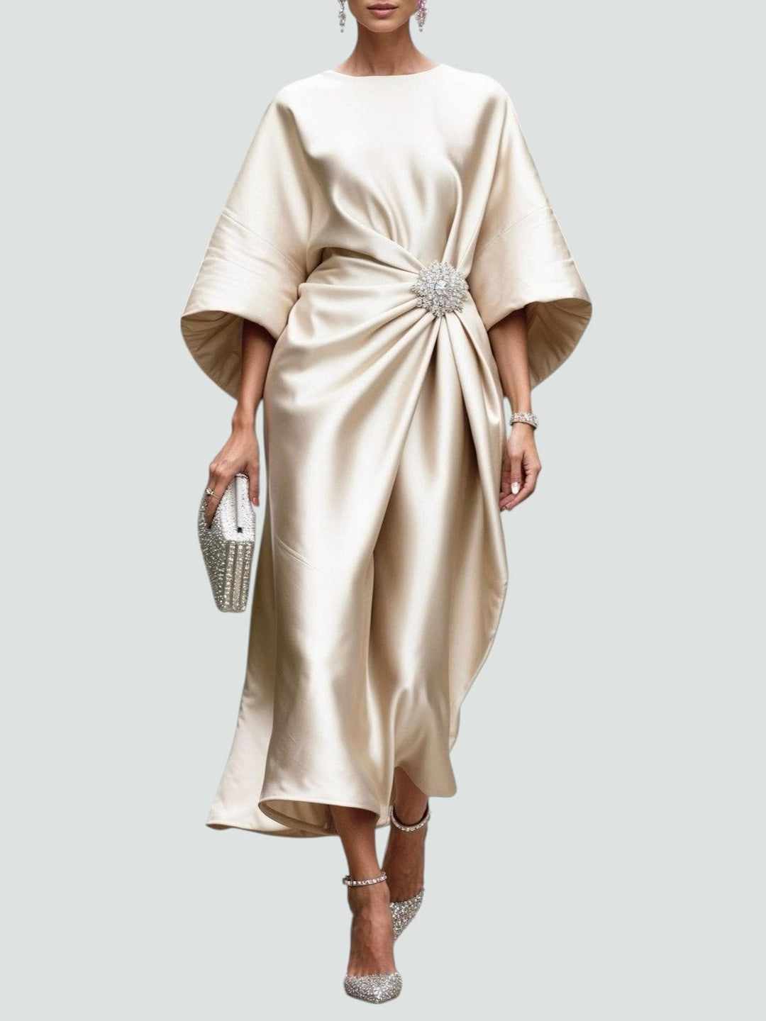 Women's midi dress: elegant drape, batwing sleeves, asymmetrical hem. Stylish & versatile for any occasion.