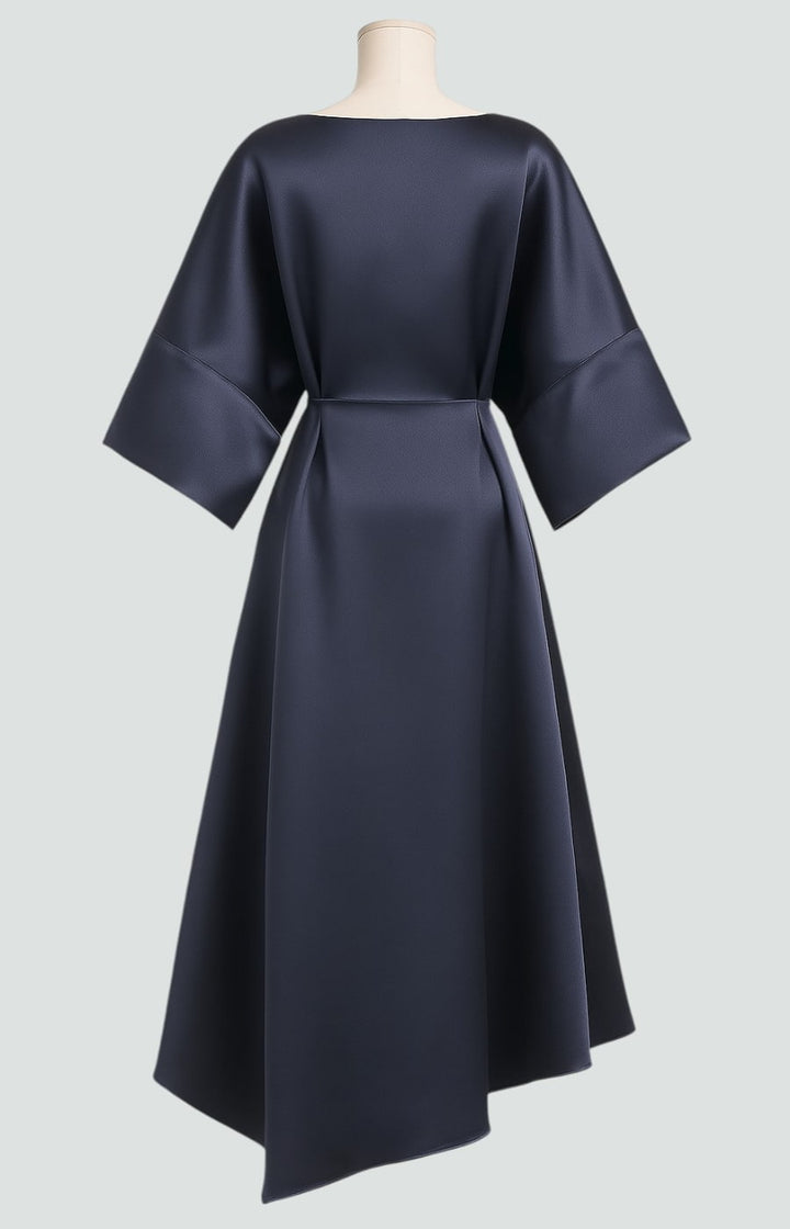 Women's elegant draped midi dress, batwing sleeves, ideal for chic casual or party wear.