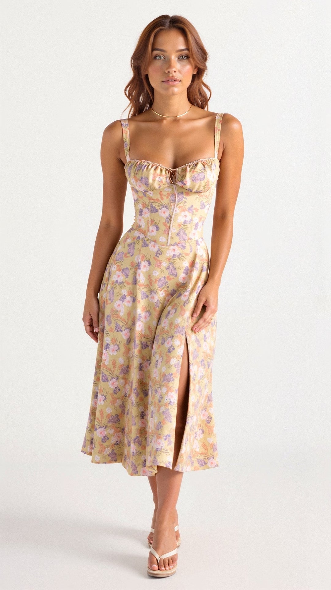 Women's elegant floral corset midi dress with high slit, perfect for evening wear.