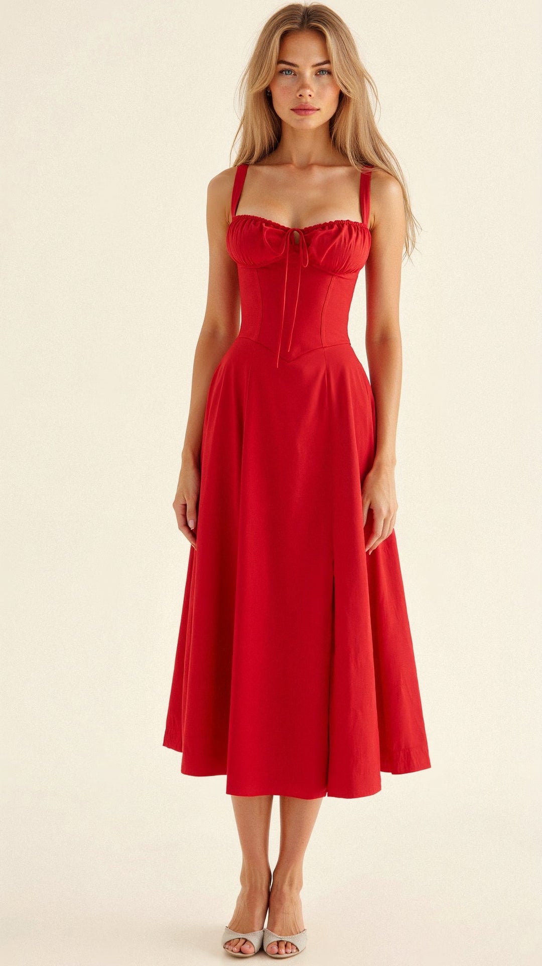 Formal wear women's floral midi, sleeveless with a corset design and a fashionable front slit.