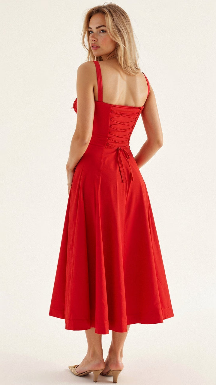 Summer floral midi dress, women's elegant style with a corset and a striking leg slit.