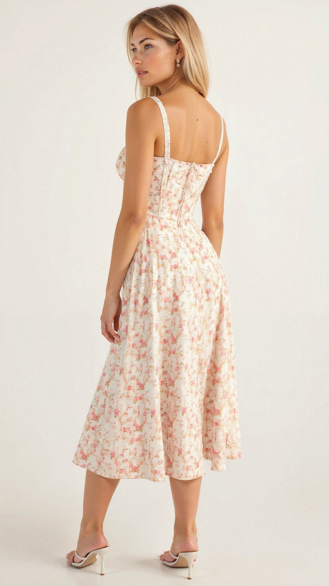 Women's evening floral dress, a midi style with a flattering corset top and alluring slit.