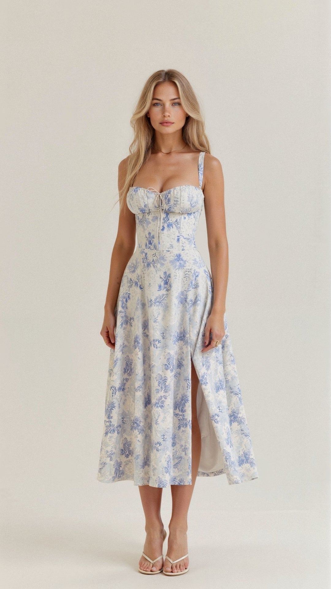 Vibrant floral print midi dress for women, featuring a chic corset and a trendy leg slit.