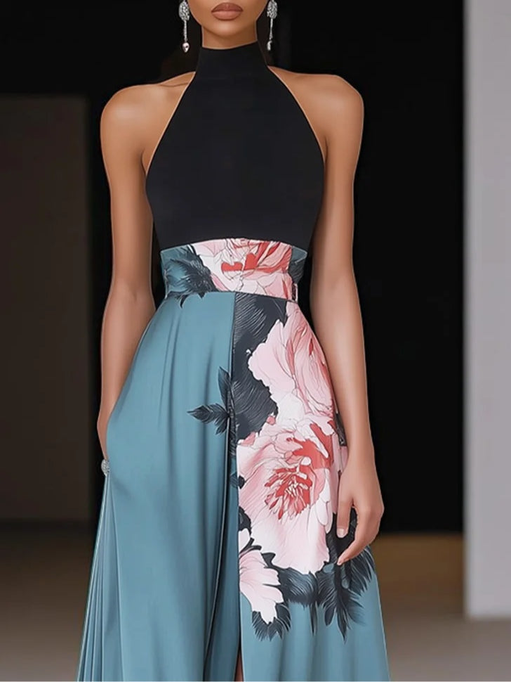 Women's elegant floral halter maxi dress, perfect for wedding guests, galas, and special occasions.