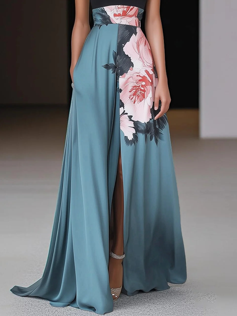 Chic women's formal floral maxi halter dress; an elegant statement piece for weddings and evening events.
