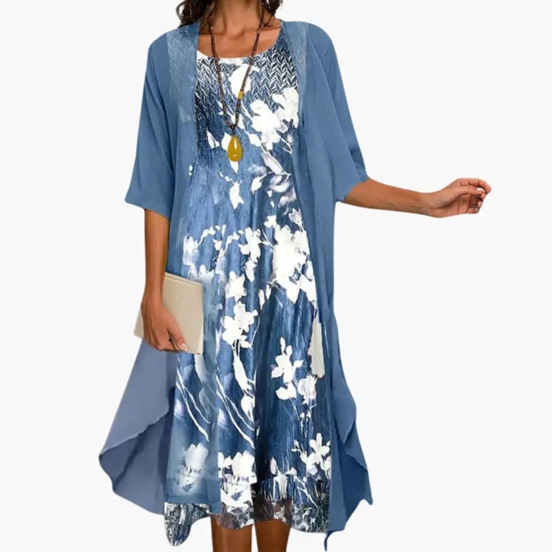 Women's elegant floral long maxi dress with matching cardigan set. Perfect for spring & summer occasions.