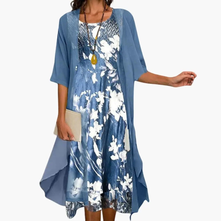 Women's elegant floral long maxi dress with matching cardigan set. Perfect for spring & summer occasions.