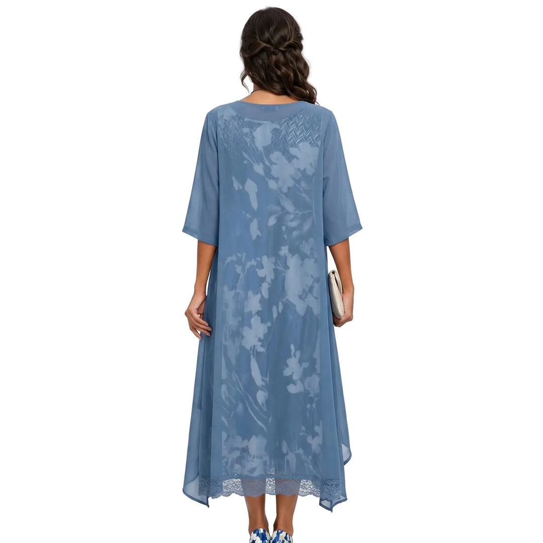 Chic women's two-piece floral long dress & cardigan set. Ideal for versatile spring & summer fashion.