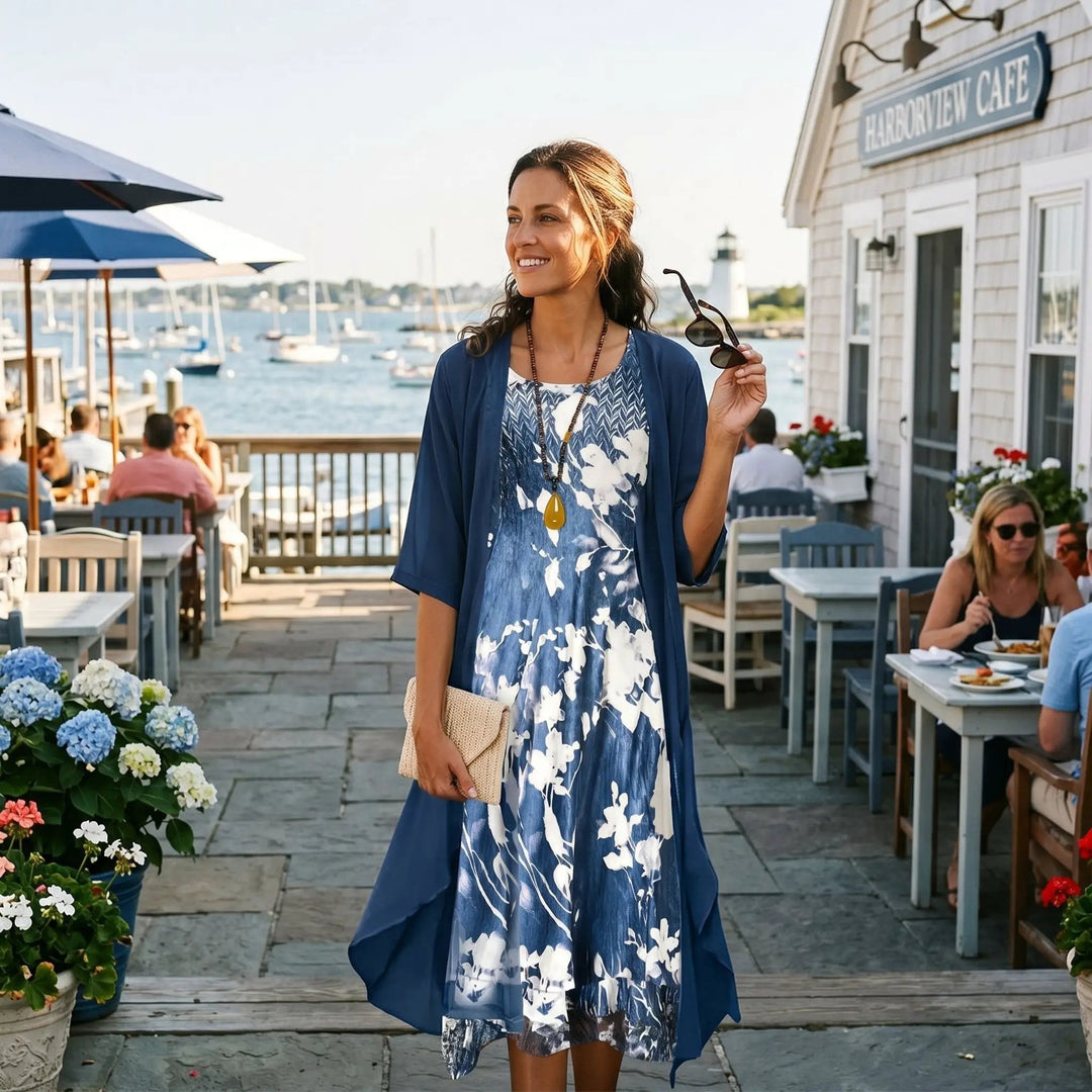 Feminine women's floral patterned maxi dress and soft cardigan. Great for casual or elegant layering.