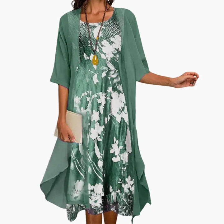 Stylish women's spring/summer floral long dress and matching cardigan set. Comfortable & fashionable.