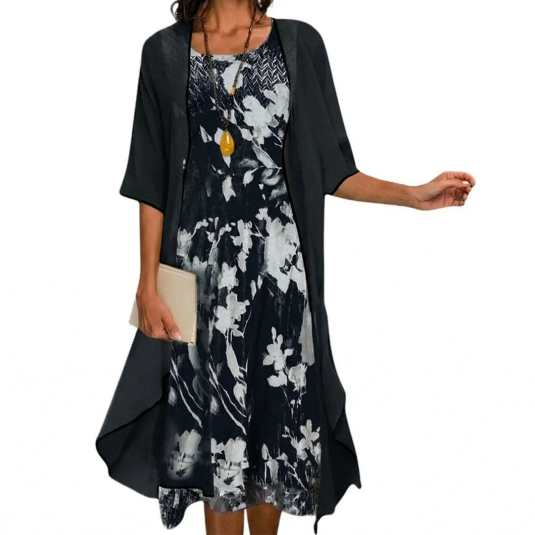 Beautiful women's floral long dress & cardigan set. A versatile two-piece for spring and summer style.