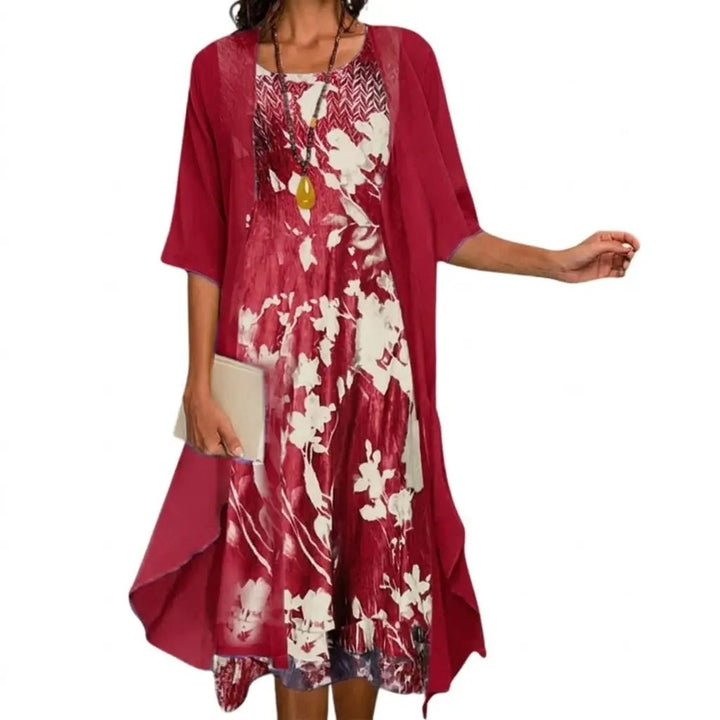 Delicate women's floral maxi dress and complementary cardigan set. Achieve a graceful layered look.