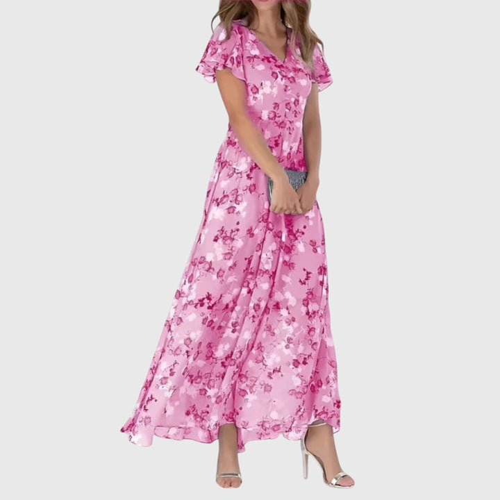 Clearance women's floral maxi dress, V-neck, flutter sleeves. Elegant spring/summer fashion & vacation wear.