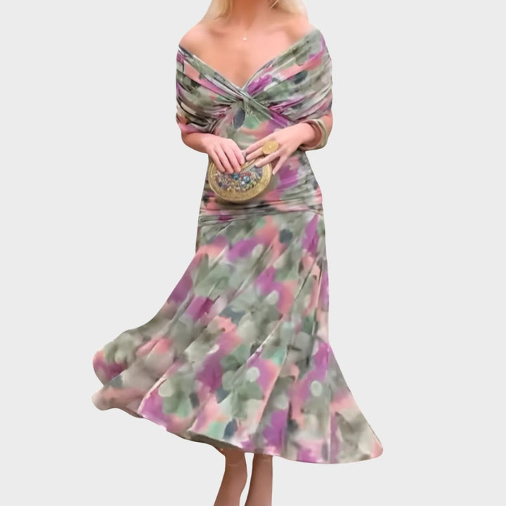 Women's elegant floral off-shoulder long sleeve maxi dress for formal occasions & parties.