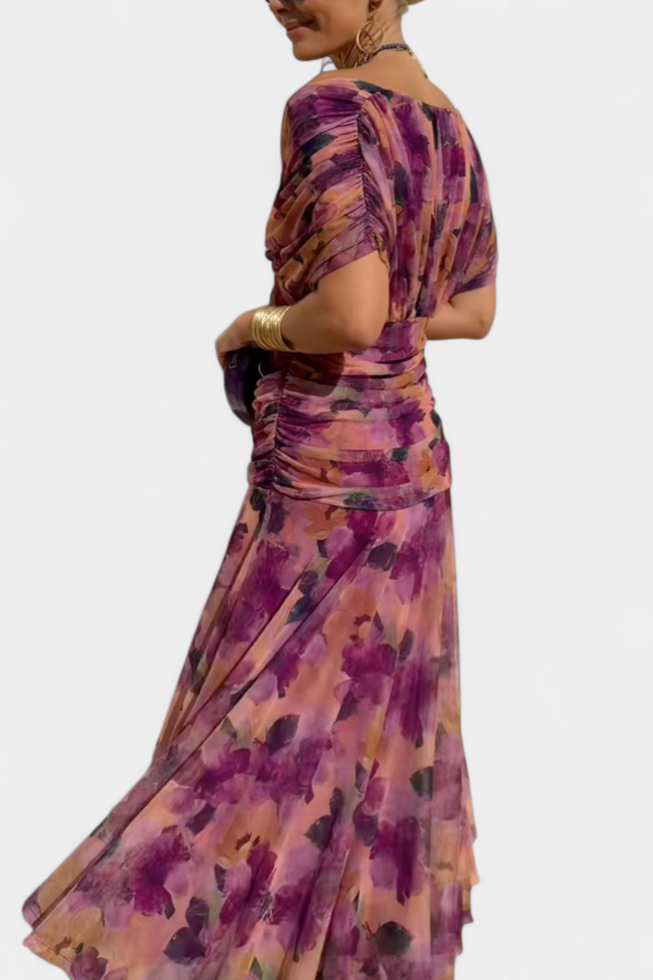 Beautiful long sleeve floral off-shoulder maxi dress for women, perfect evening formal wear.