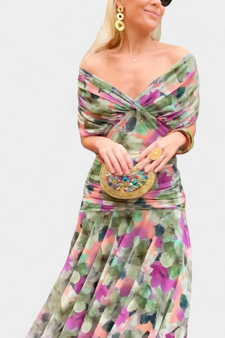 Elegant women's floral long sleeve off-shoulder maxi, a flowing dress for any ceremony.