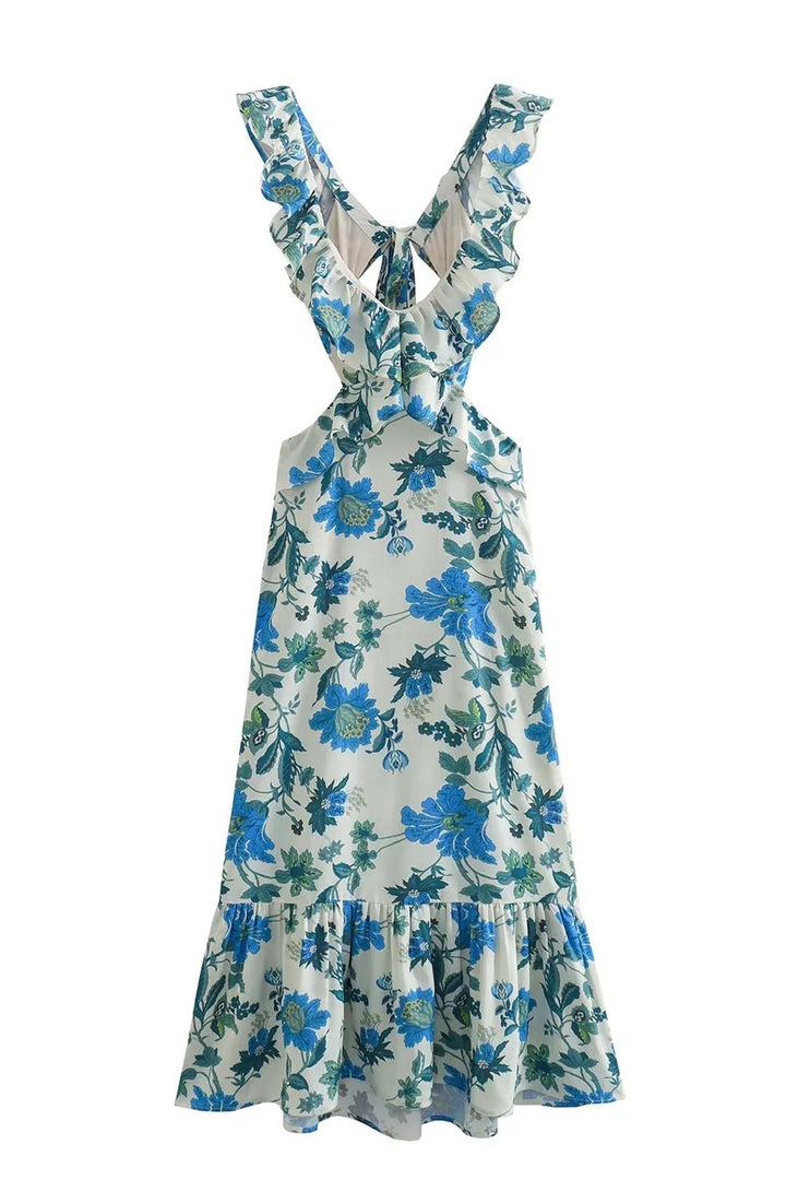Side profile of the flowy floral ruffle maxi dress for women, highlighting its graceful drape.