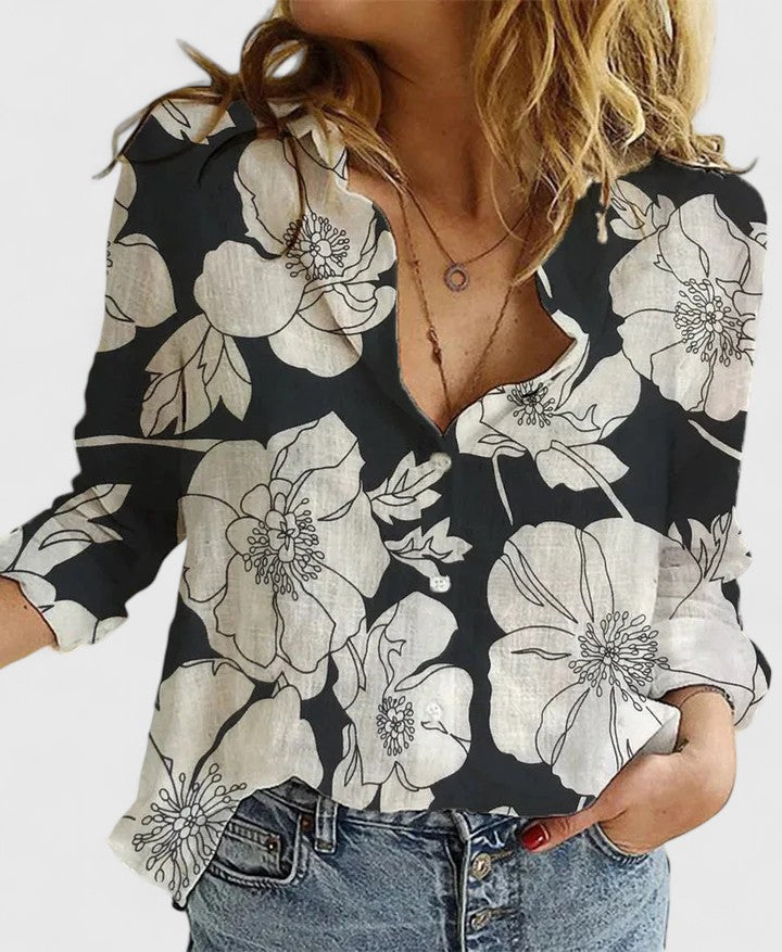 Women's elegant floral V-neck long sleeve blouse, perfect for stylish spring & summer office or casual wear.
