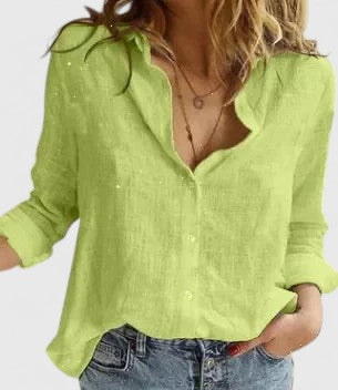 Elegant women's V-neck floral blouse with long sleeves, perfect for sophisticated spring and summer styling.