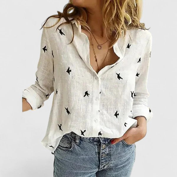 Delicate floral print women's V-neck long sleeve blouse, suitable for both office and casual wear.