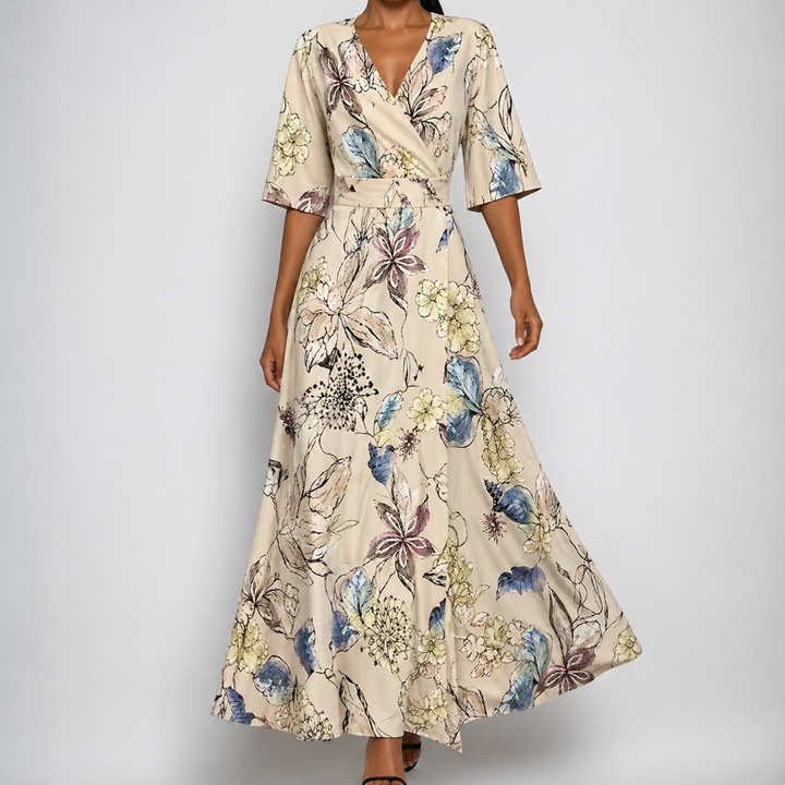 Women's elegant floral wrap maxi dress with V-neck and belt, perfect for summer parties or wedding guests.