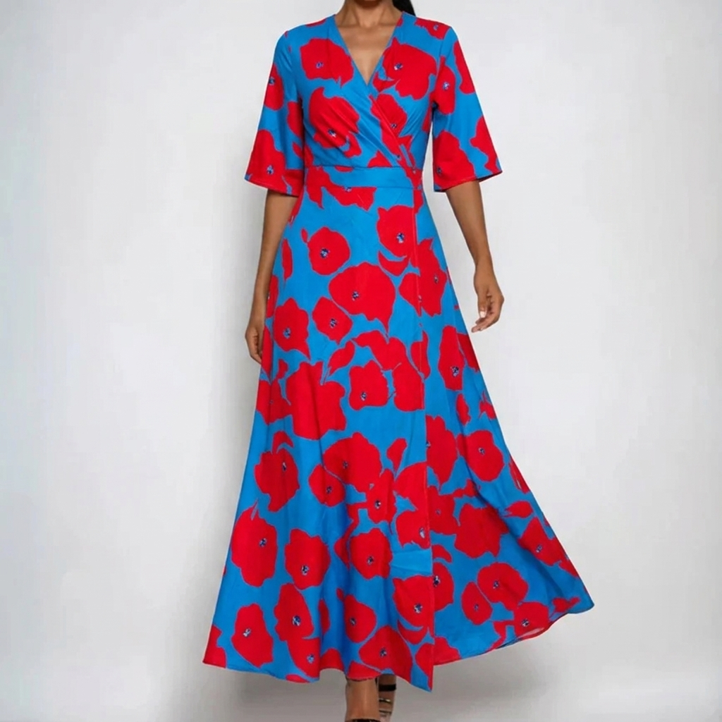 Comfortable women's belted floral maxi dress featuring a V-neck and half sleeves, suitable for elegant occasions.