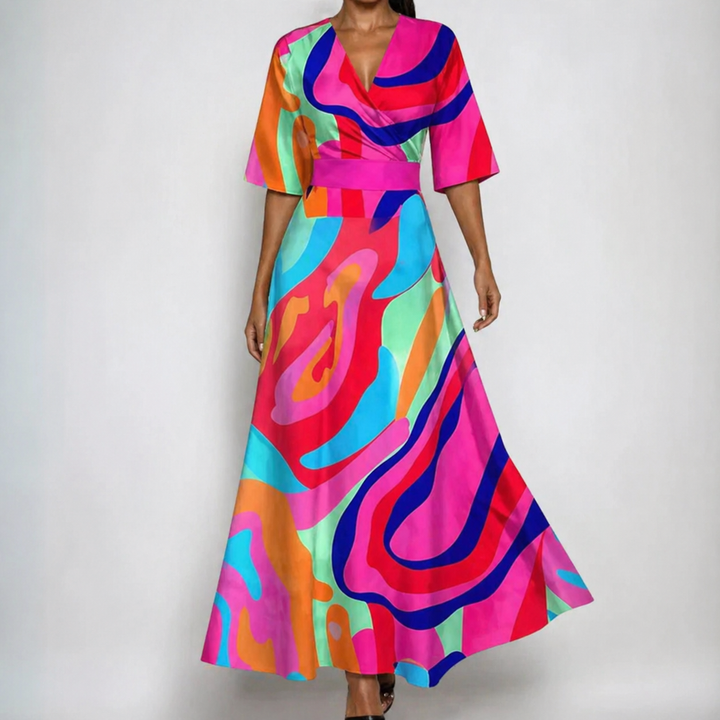 Beautiful women's floral print wrap maxi dress with V-neck and belt, a versatile summer or party dress.