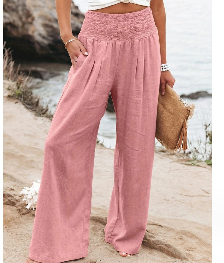 Summer women's palazzo pants, elegant boho style. Flowy wide-leg, high-waist, comfortable for casual wear.