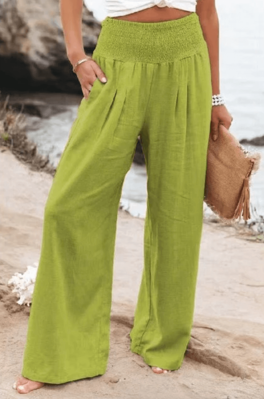 Casual elegant women's palazzo pants, boho flowy. High-waist wide-leg design, perfect for summer comfort.
