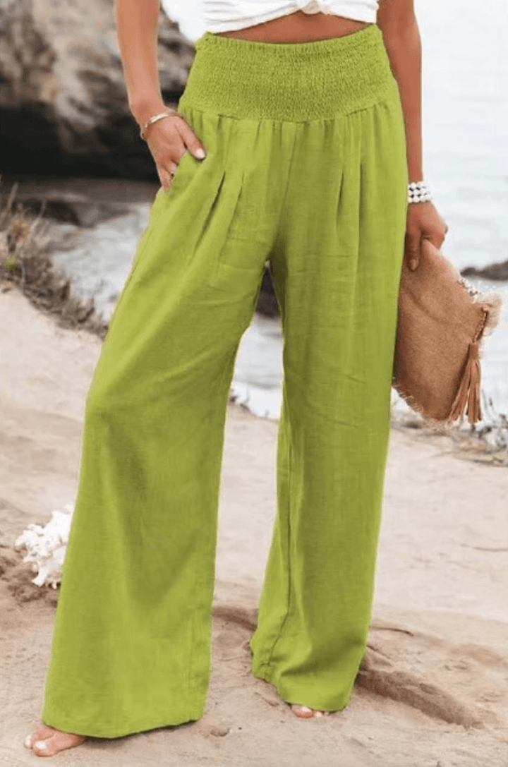 Casual elegant women's palazzo pants, boho flowy. High-waist wide-leg design, perfect for summer comfort.