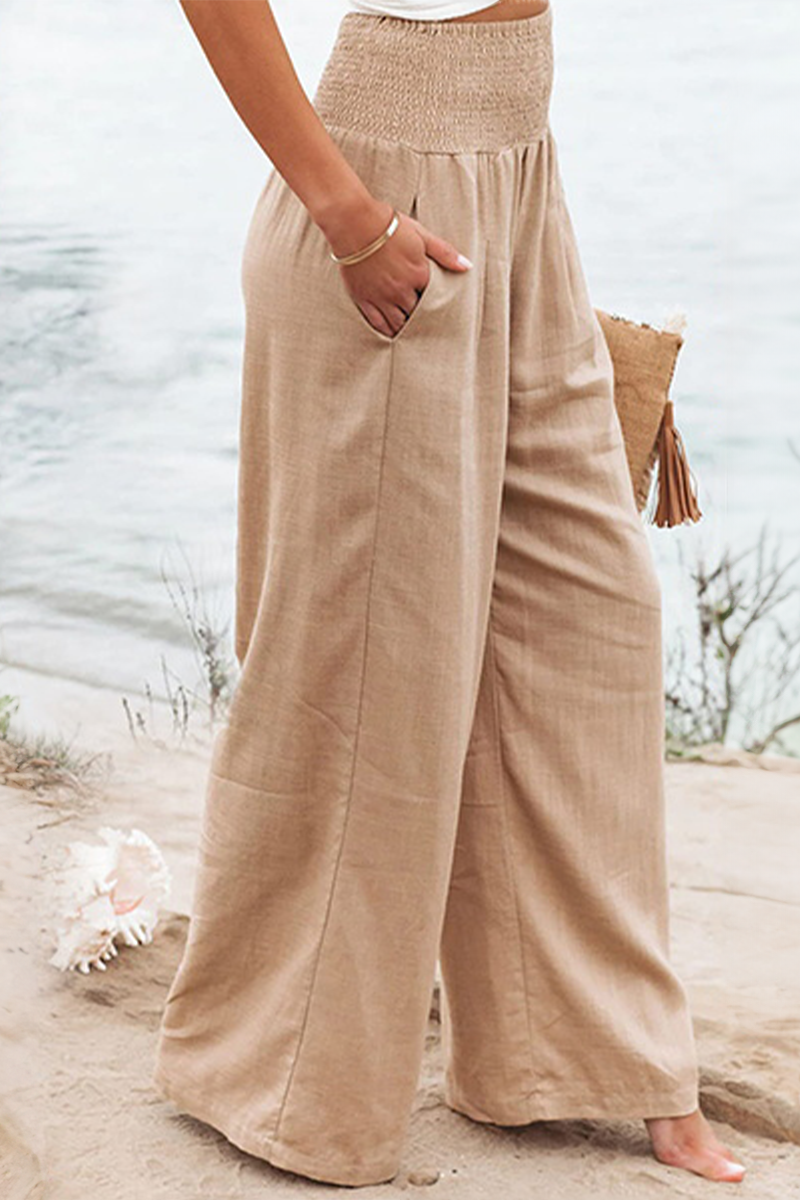 High-waist wide-leg palazzo pants for women, comfortable & flowy. Ideal for casual elegant summer looks.